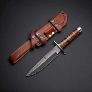 Handcrafted Damascus Steel Bowie Knife with Elegant Leather Handle | MoizCO Blades”